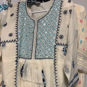 Embroidered Long Sleeve Dress - Cream and Blue